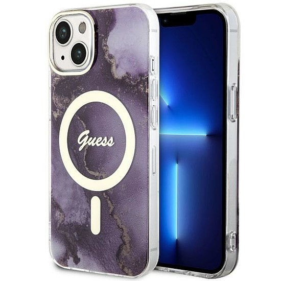 Guess GUHMP14SHMTMRSU iPhone 14 6,1"-os lila/lila keménytok Golden Marble MagSafe