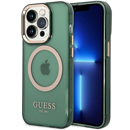 Guess GUHMP14XHTCMA iPhone 14 Pro Max 6,7" zöld/khaki kemény tok Gold Outline áttetsző MagSafe