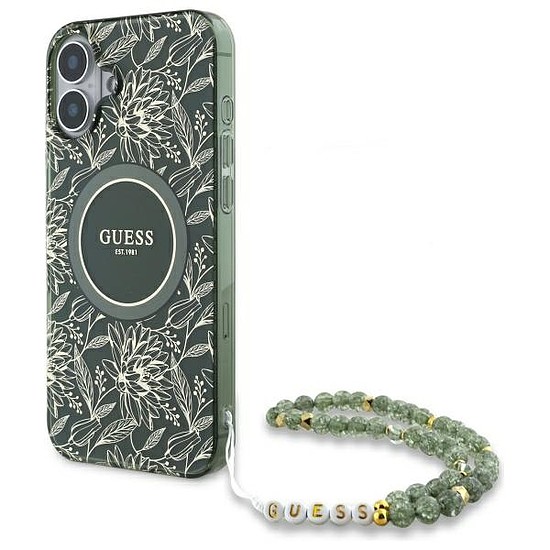 Guess IML Flowers Allover Electro Pearl Strap MagSafe tokkal iPhone 16 Plushoz - zöld