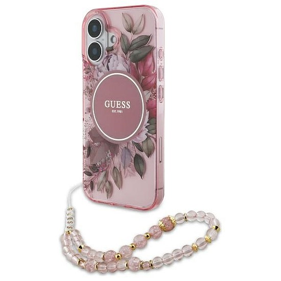 Guess IML Flowers gyöngyszíjjal MagSafe iPhone 16 Plus tok - rózsaszín