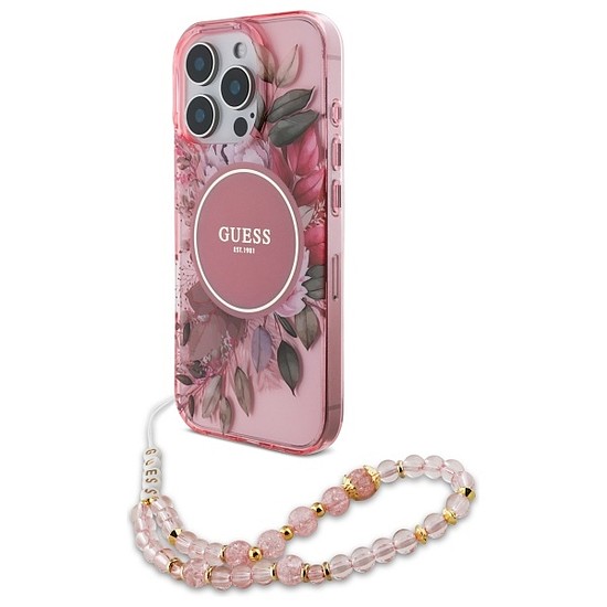 Guess IML Flowers gyöngyszíjjal MagSafe iPhone 16 Pro tok - rózsaszín