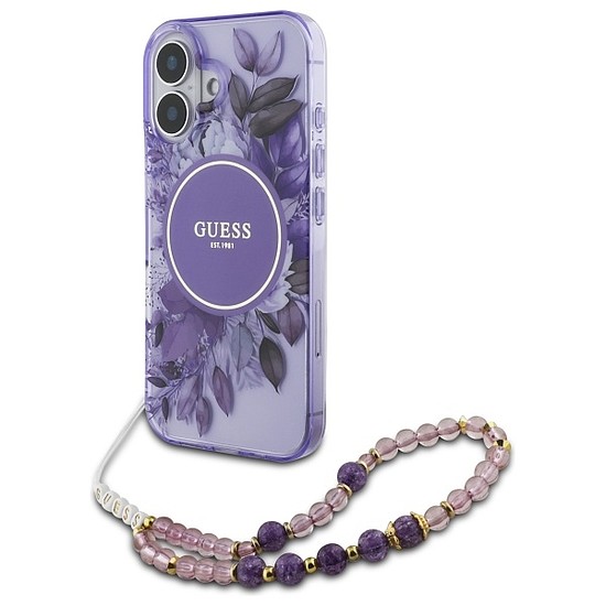 Guess IML Flowers Pearl Strap MagSafe tok iPhone 16-hoz - lila