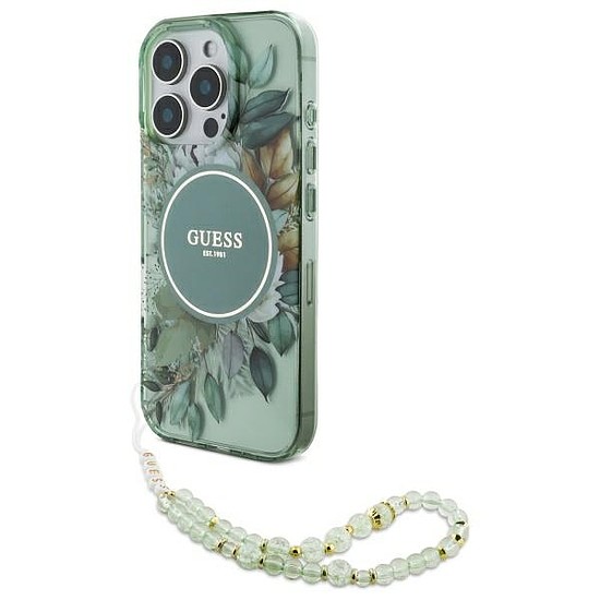 Guess IML Flowers Pearl Strap MagSafe tok iPhone 16 Pro-hoz - zöld