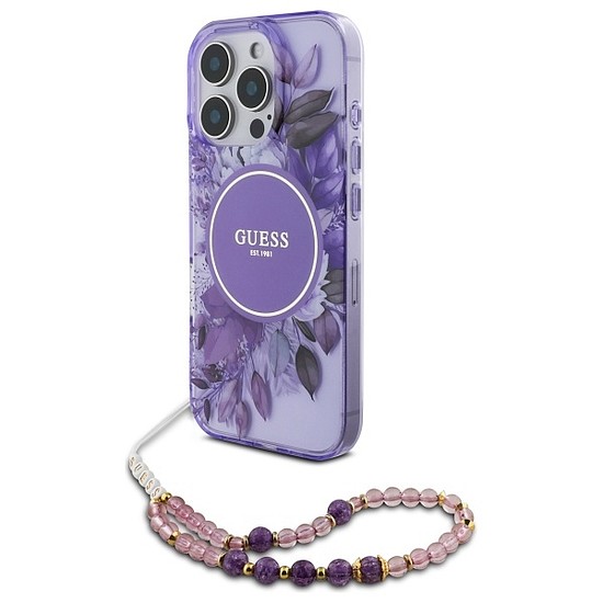 Guess IML Flowers Pearl Strap MagSafe tok iPhone 16 Pro telefonhoz - lila