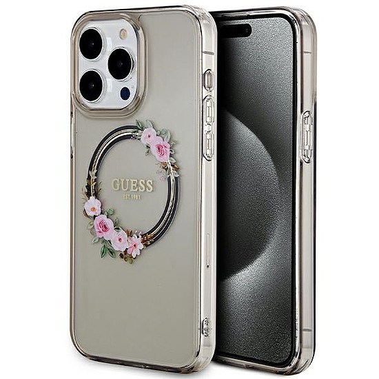 Guess IML Flowers Wreath MagSafe tok iPhone 15 Pro Max készülékhez - fekete