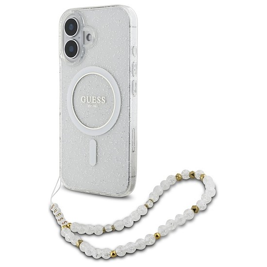 Guess IML Glitter gyöngyszíjjal MagSafe iPhone 16 Plus tok - átlátszó