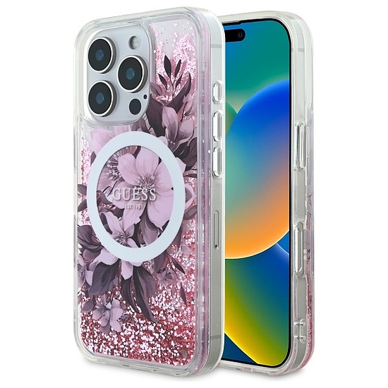 Guess Liquid Glitter Flower MagSafe iPhone 16 Pro tok - rózsaszín