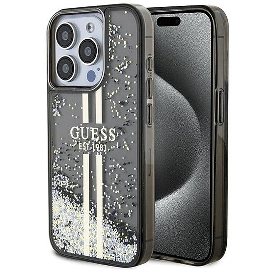 Guess Liquid Glitter Gold Stripes tok iPhone 15 Pro-hoz - fekete