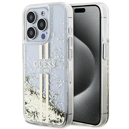 Guess Liquid Glitter Gold Stripes tok iPhone 15 Pro Max készülékhez - átlátszó