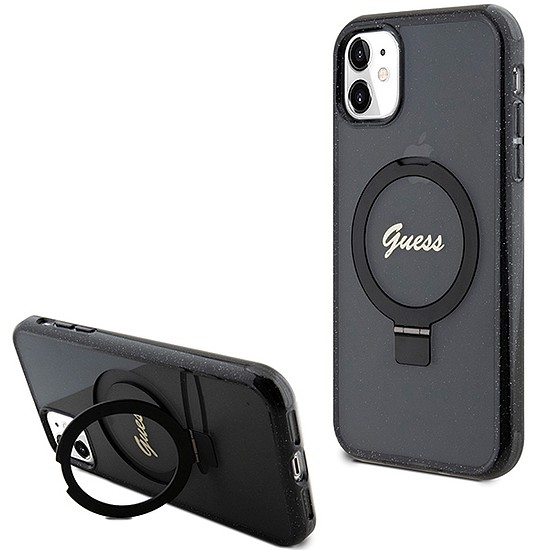 Guess Ring Stand Script Glitter MagSafe tok iPhone 11 / Xr telefonhoz - fekete