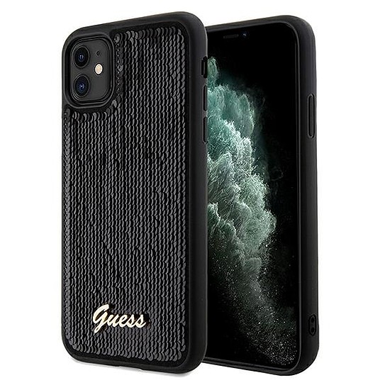 Guess Sequin Script Fém tok iPhone 11 / Xr telefonhoz - fekete