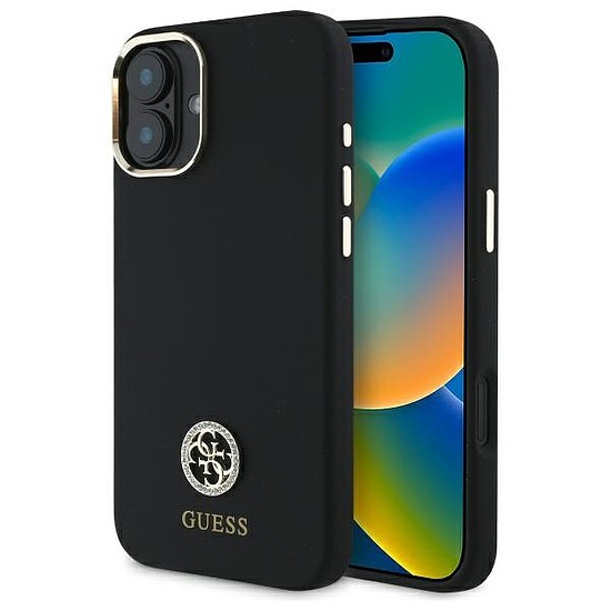 Guess Silicone Logo Strass 4G tok iPhone 16-hoz - fekete