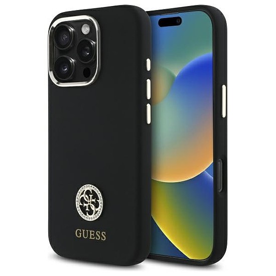 Guess Silicone Logo Strass 4G tok iPhone 16 Pro Max készülékhez - fekete