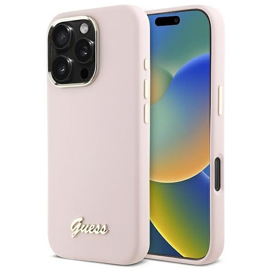 Guess Silicone Script fém logó és keret iPhone 16 Pro Max tok - rózsaszín