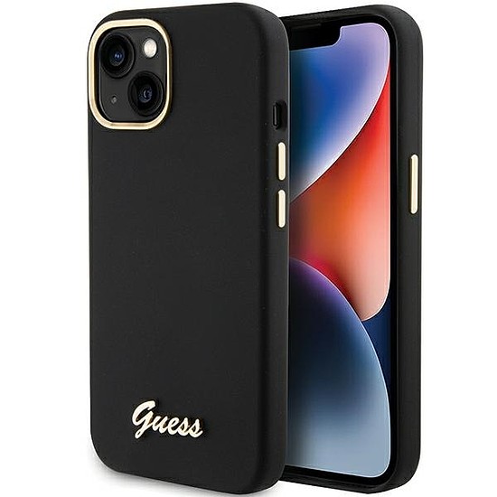 Guess Silicone Script fém logó és keret tok iPhone 15-höz - fekete