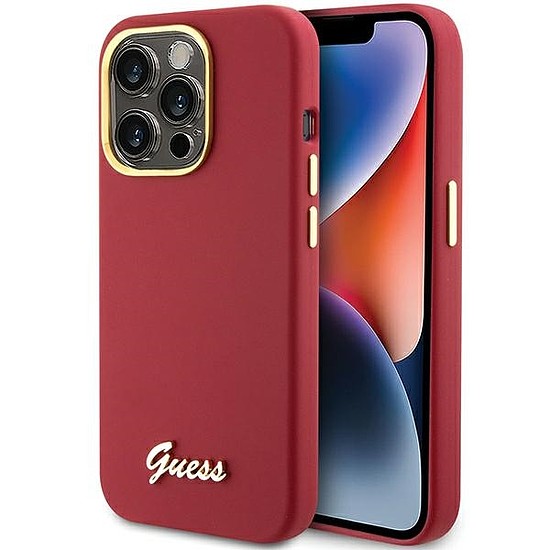 Guess Silicone Script fém logó és keret tok iPhone 15 Pro-hoz - piros