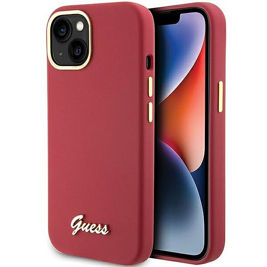 Guess Silicone Script Metal Logo & Frame tok iPhone 15-höz - piros