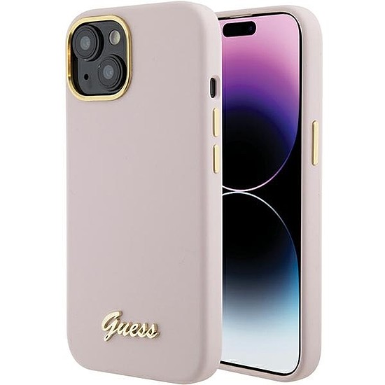 Guess Silicone Script Metal Logo & Frame tok iPhone 15-höz - rózsaszín