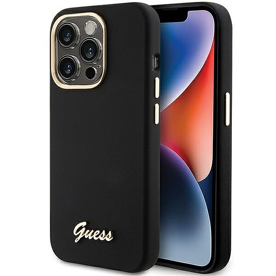 Guess Silicone Script Metal Logo & Frame tok iPhone 15 Pro telefonhoz - fekete