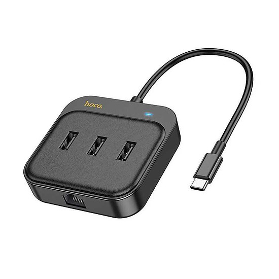 Hoco - Adapter Easy Link (HB35) - 4 az 1-ben Gigabit Ethernet, USB-C - 3x USB2.0 + RJ45, 0,2 m - Fekete