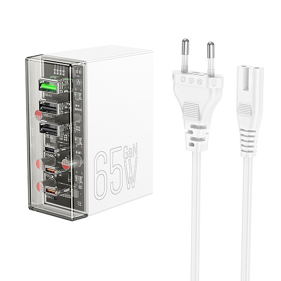 Hoco - Fuerza fali töltő (N36) - 3x USB, 3x Type-C, 65W DC kábellel - fehér