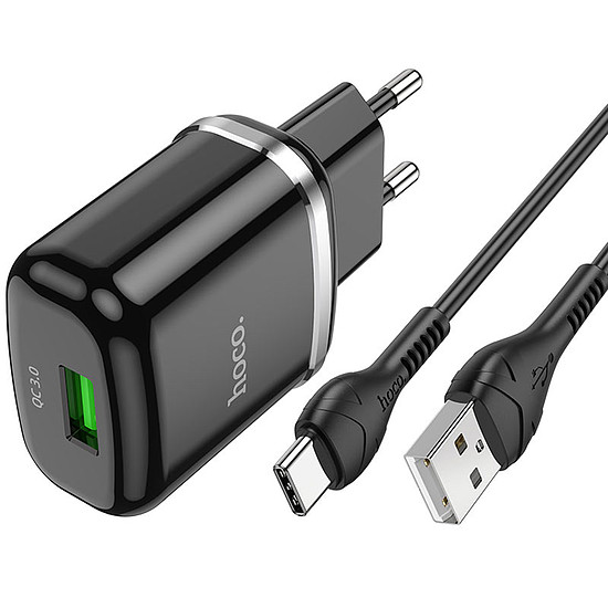 Hoco - Speciális fali töltő (N3) - USB-A, 18W, 3A, USB-A-C típusú USB-kábellel, 1 m - Fekete (KF239287)