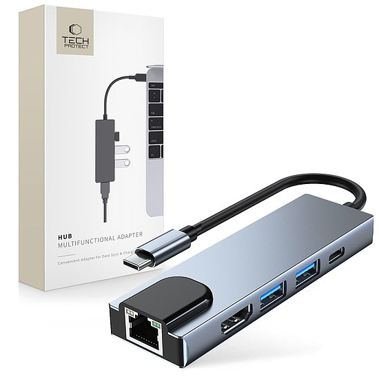 HUB Tech-Protect V3 5in1 USB-C - USB-A 3.0 / USB-A 2.0 / USB-C / HDMI / RJ45 - szürke