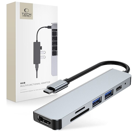 HUB Tech-Protect V4 6in1 USB-C - USB-A 3.0 / USB-A 2.0 / USB-C / HDMI / micro SD / TF / SD kártyaolvasó - szürke