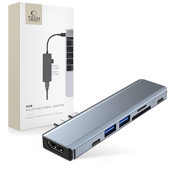 HUB Tech-Protect V5 7in1 2x USB-C - USB-A 3.0 / USB-A 2.0 / 2x USB-C / HDMI / micro SD / TF / SD kártyaolvasó - szürke