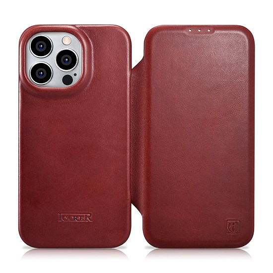 iCarer CE Oil Wax prémium bőr védőtok, bőr tok iPhone 14 Pro mágneses flip MagSafe Red (AKI14220706-RD)