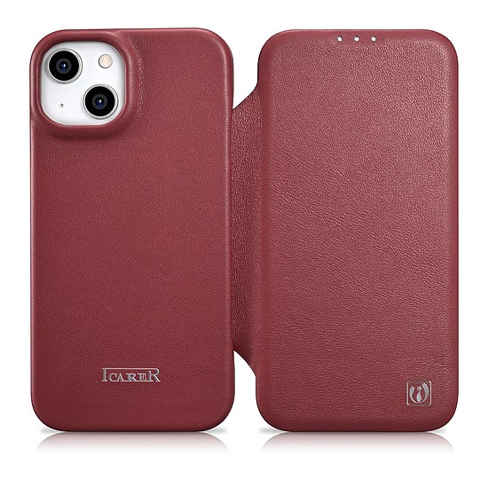 iCarer CE prémium bőr védőtok iPhone 14 Plus mágneses flip bőr tok MagSafe Red (WMI14220715-RD)