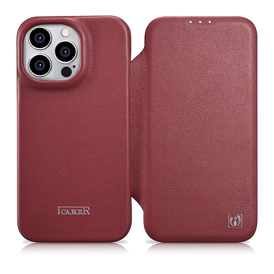 iCarer CE prémium bőr védőtok iPhone 14 Pro mágneses flip bőr tok MagSafe Red (WMI14220714-RD)