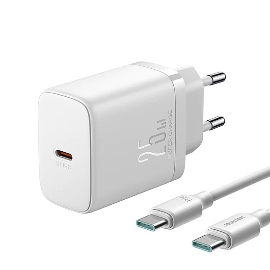 Joyroom JR-TCF11 gyorstöltő akár 25 W teljesítménnyel + USB-C / USB-C kábel 1 m - fehér