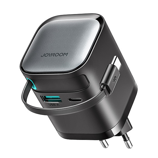 Joyroom JR-TCL02 65 W USB-A USB-C GaN töltő beépített USB-C kábellel - fekete