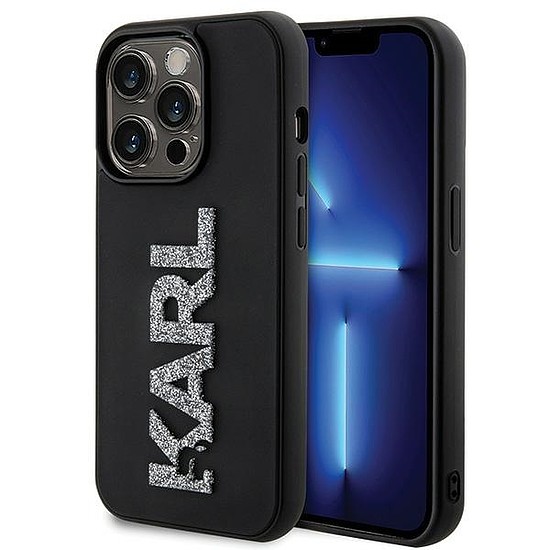 Karl Lagerfeld 3D Rubber Glitter Logo tok iPhone 15 Pro Max készülékhez - fekete