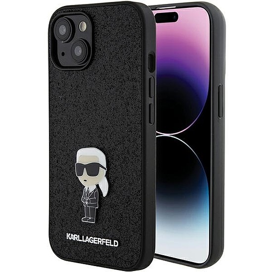 Karl Lagerfeld Fixed Glitter Ikonik Logo fém tűs tok iPhone 15-höz - fekete