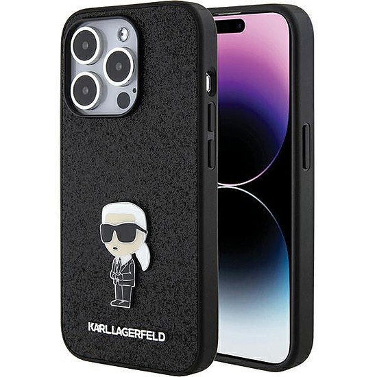 Karl Lagerfeld Fixed Glitter Ikonik Logo fém tűs tok iPhone 15 Pro Max telefonhoz - fekete