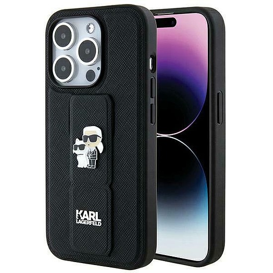 Karl Lagerfeld Gripstand Saffiano Karl&Choupette Pins tok iPhone 14 Pro telefonhoz - fekete