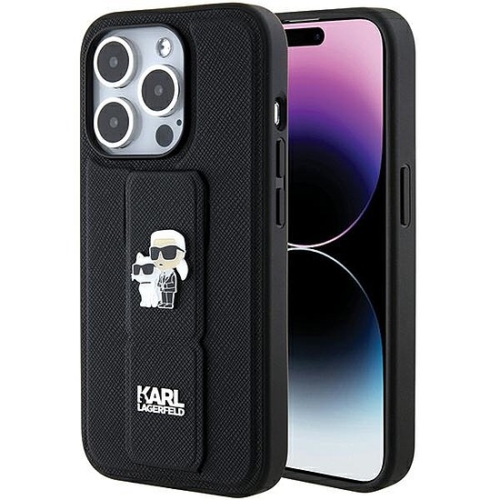 Karl Lagerfeld Gripstand Saffiano Karl&Choupette Pins tok iPhone 15 Pro készülékhez - fekete