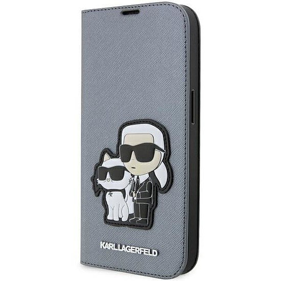 Karl Lagerfeld KLBKP14LSANKCPG iPhone 14 Pro 6.1" könyvespolc ezüst/ezüst Saffiano Karl & Choupette