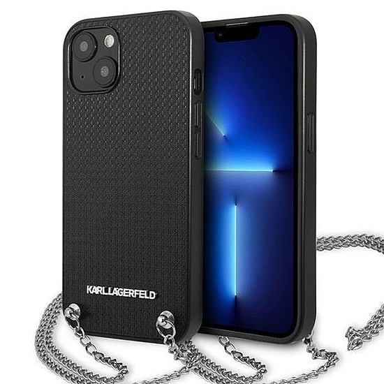 Karl Lagerfeld KLHCP13SPMK iPhone 13 mini 5.4 hüvelykes keménytok, fekete/fekete bőr textúrával és lánccal