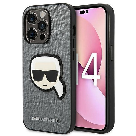 Karl Lagerfeld KLHCP14XSAPKHG iPhone 14 Pro Max 6,7" ezüst/ezüst kemény tok, Saffiano Karl´s Head Patch