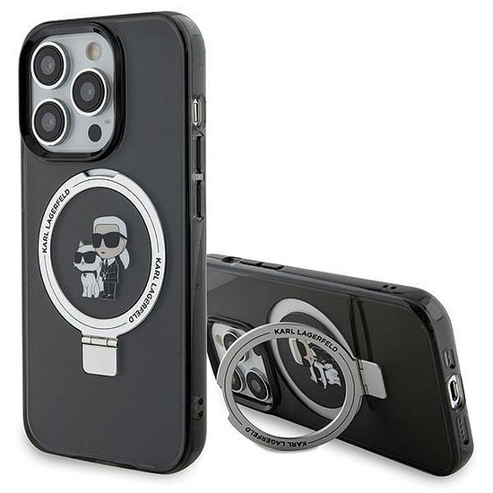 Karl Lagerfeld KLHMP15LHMRSKCK iPhone 15 Pro 6.1" fekete/fekete keményházas gyűrűs állvány Karl&Choupette MagSafe