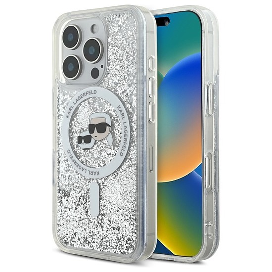 Karl Lagerfeld Liquid Glitter Karl & Choupette Head Magsafe tok iPhone 16 Pro Max készülékhez - átlátszó