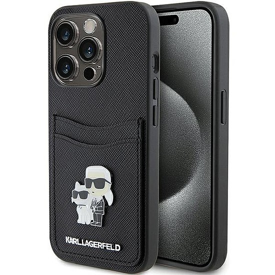 Karl Lagerfeld Saffiano Cardslot Karl&Choupette fém tűs tok iPhone 15 Pro-hoz - fekete