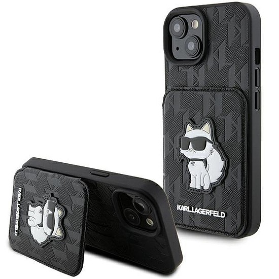 Karl Lagerfeld Saffiano Cardslots és Stand Monogram Choupette tok iPhone 15-höz - fekete