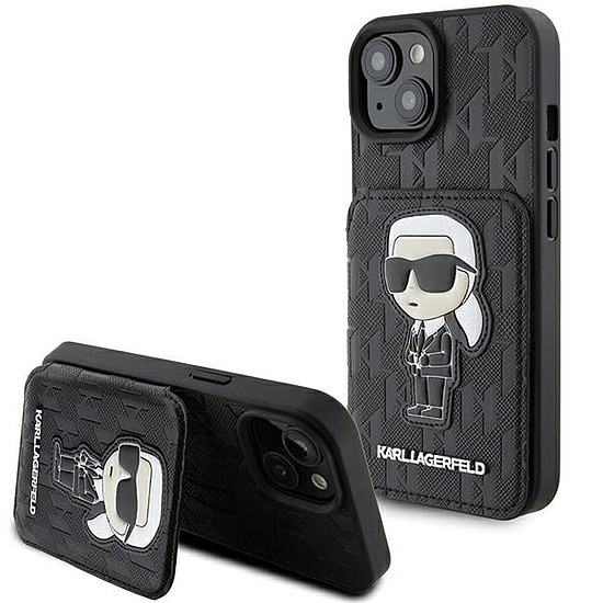 Karl Lagerfeld Saffiano Cardslots és Stand Monogram Ikonik Patch tok iPhone 15-höz - fekete