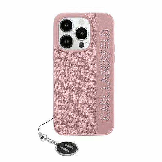 Karl Lagerfeld Saffiano Rhinestones & Charm tok iPhone 15 Pro-hoz - rózsaszín