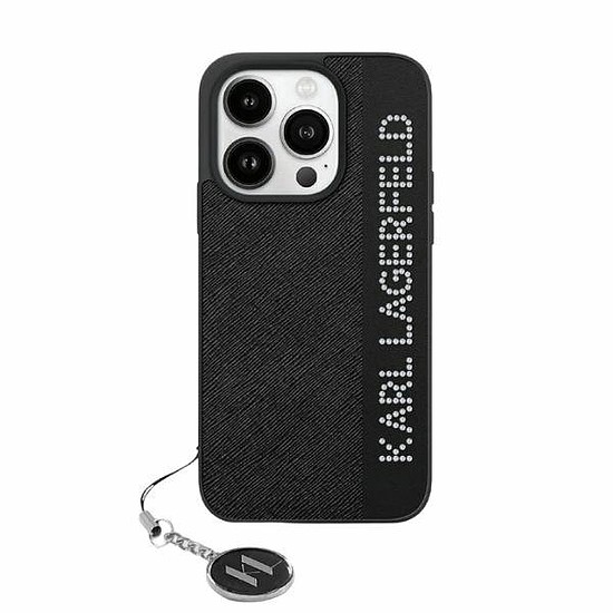 Karl Lagerfeld Saffiano Rhinestones & Charm tok iPhone 15 Pro Max telefonhoz - fekete