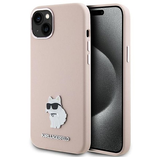 Karl Lagerfeld Silicone Choupette fém tűs tok iPhone 15-höz - rózsaszín